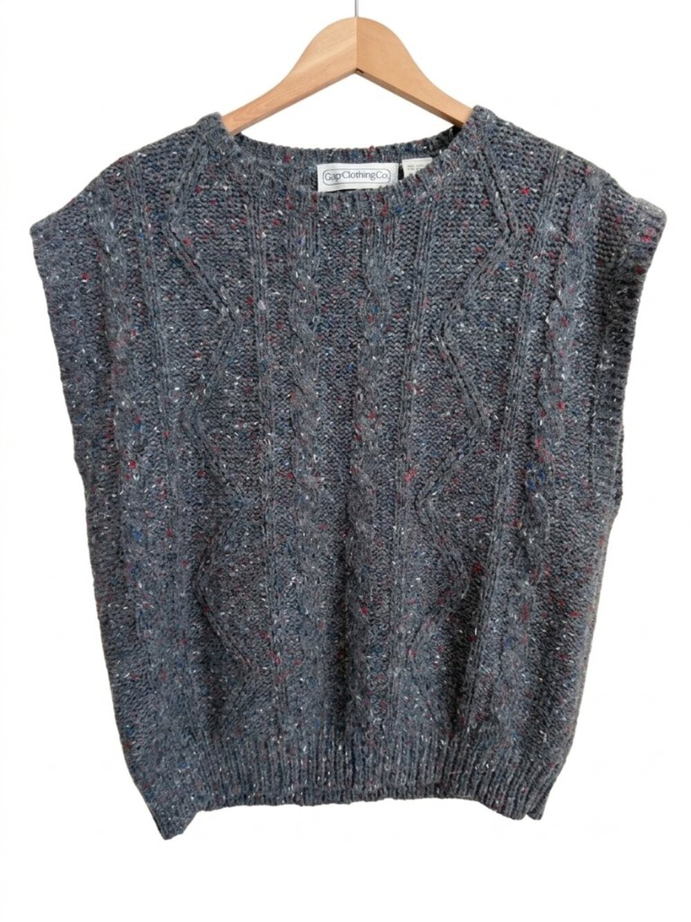 Vintage 80s Gap Clothing Co Gray Flecked Cable Knit Wool Sweater Vest Size Large